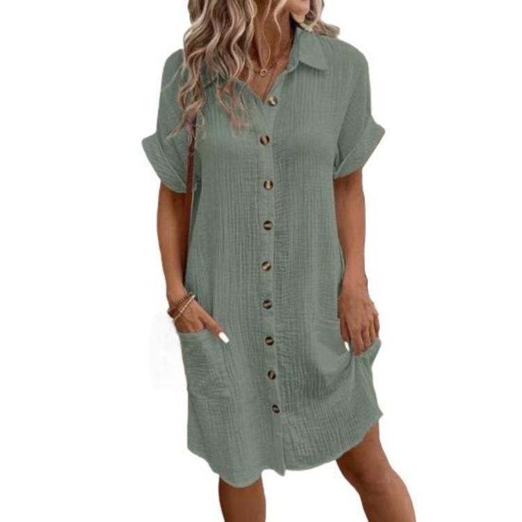 Vestido Casual de Playa de Verano para Mujer Algodón Lino Manga Corta Vestido de Sol Cuello en V con Bolsillos Botones