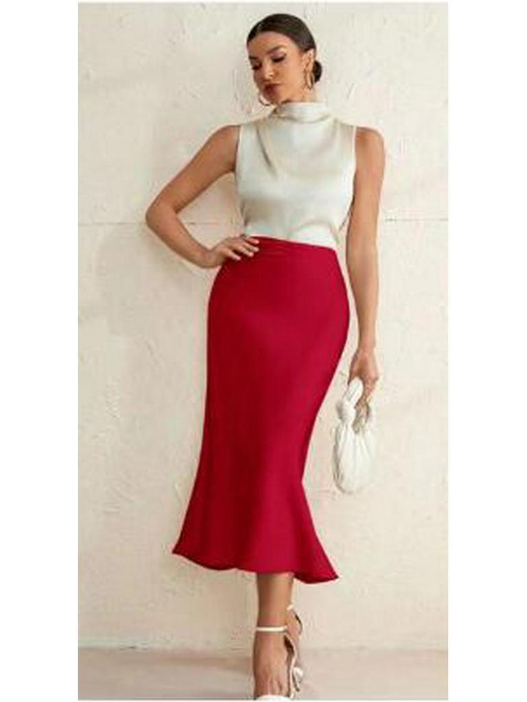 2025 Spring Women's Satin Slim Fishtail Skirt - Solid Color Medium Length