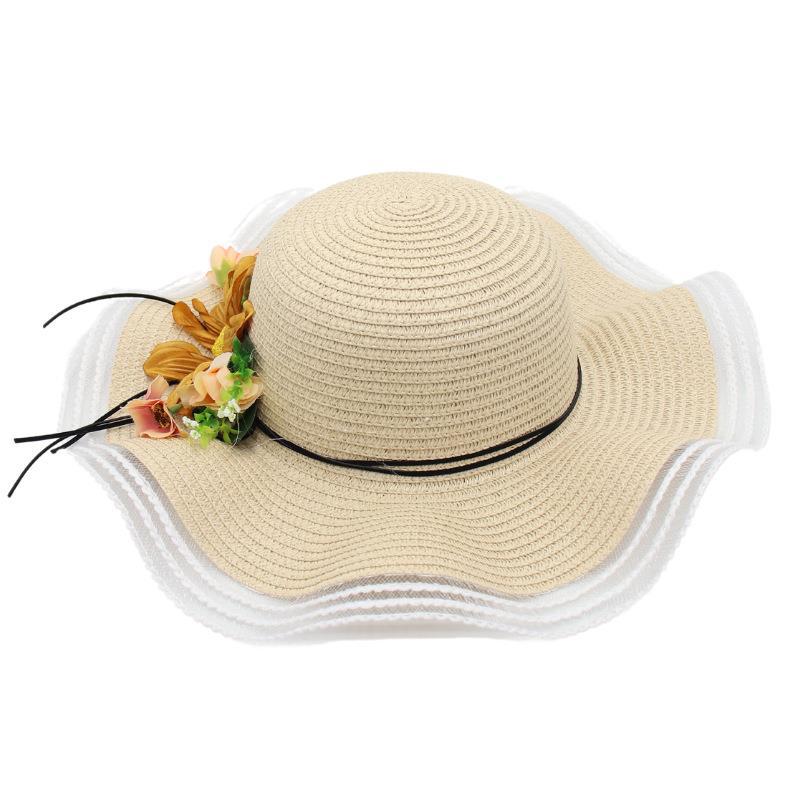 Mesh Woven Straw Hat Ladies Flower Sunscreen Sun Hat Wave Edge Sun Hat Beach Hat