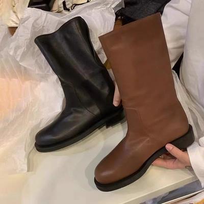 Cowhide Version~ Autumn and Winter New Flat-bottomed Martin Boots Retro Leather Versatile Round Head Niche Eversion Medium Boots Short Boots