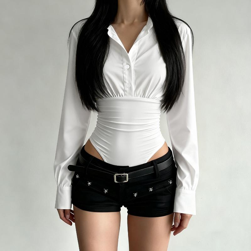 Women's Solid Color Design Button Jumpsuit Shirt Long Sleeve Lapel Slim Fit Fashion Top