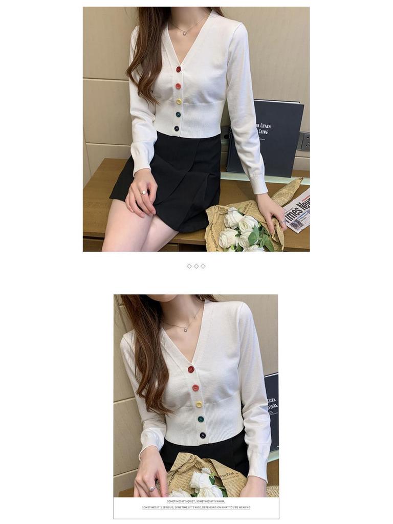 Women's Long Sleeve Slim Knit Cardigan with Colorful Buttons