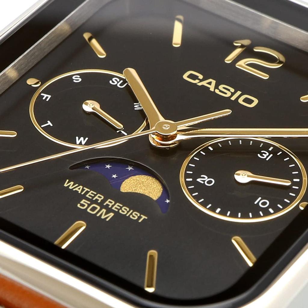 Casio Standard Moon Phase Analog Men's Watch MTP-M305L-1AV with Brown Leather Band and Black Dial, Imported