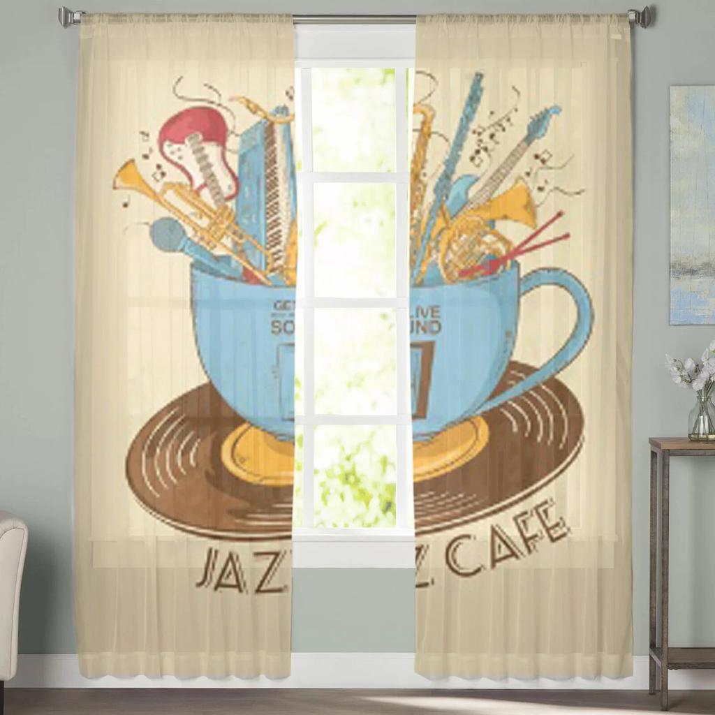 Colorful Musical Instruments In A Cup Sheer Curtains For Living Room Kids Bedroom Tulle Curtains Kitchen Window Treatment Drapes
