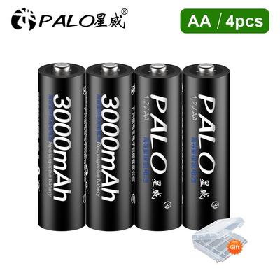 PALO סוללת AA נטענת NIMH 1.2V 3000mAh פריקה עצמית נמוכה סוללת HR6 AA NI-MH למצלמה מכונית צעצוע+מארז סוללות