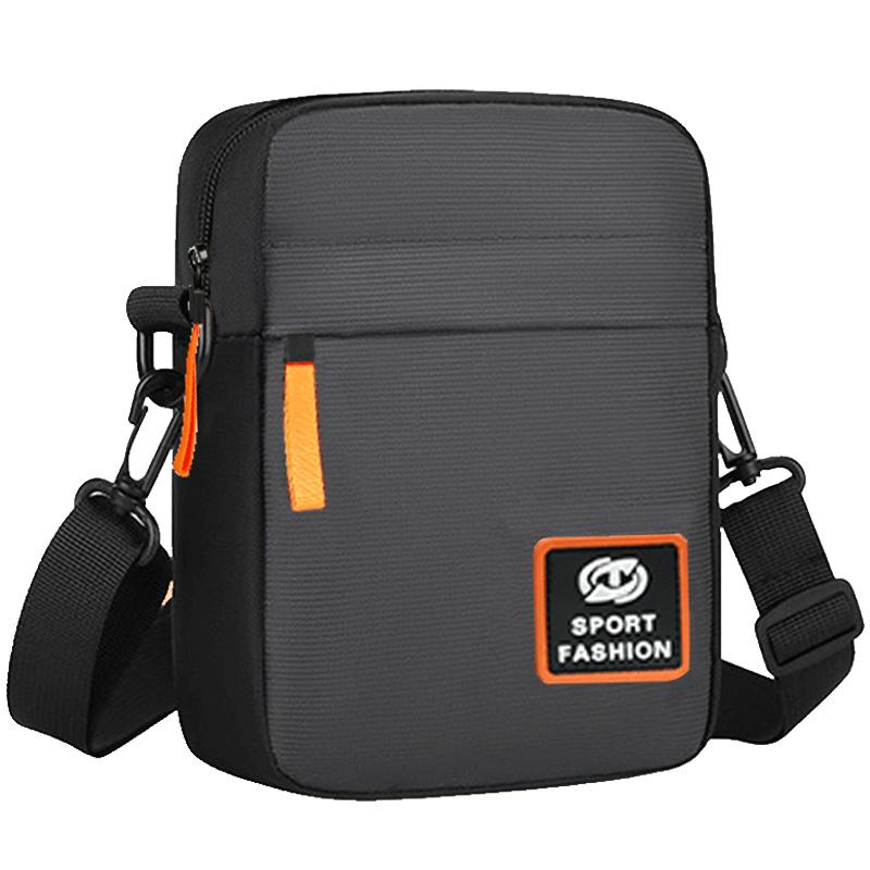 Durable Solid Men’s Crossbody Pack, Slim Lightweight Shoulder Bag with Contrast Orange Zip Decor and Patch