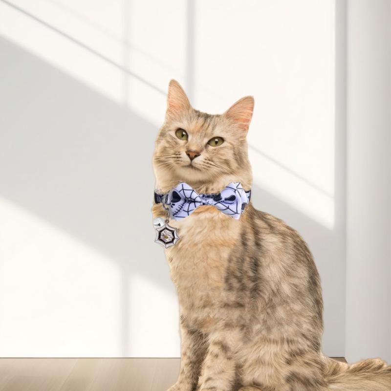Halloween Cat Collar Breakaway with Cute Bow Tie and Bell for Kitty Adjustable Safety Spider Ghost Bat Pumpkin Cat/Dog Collar