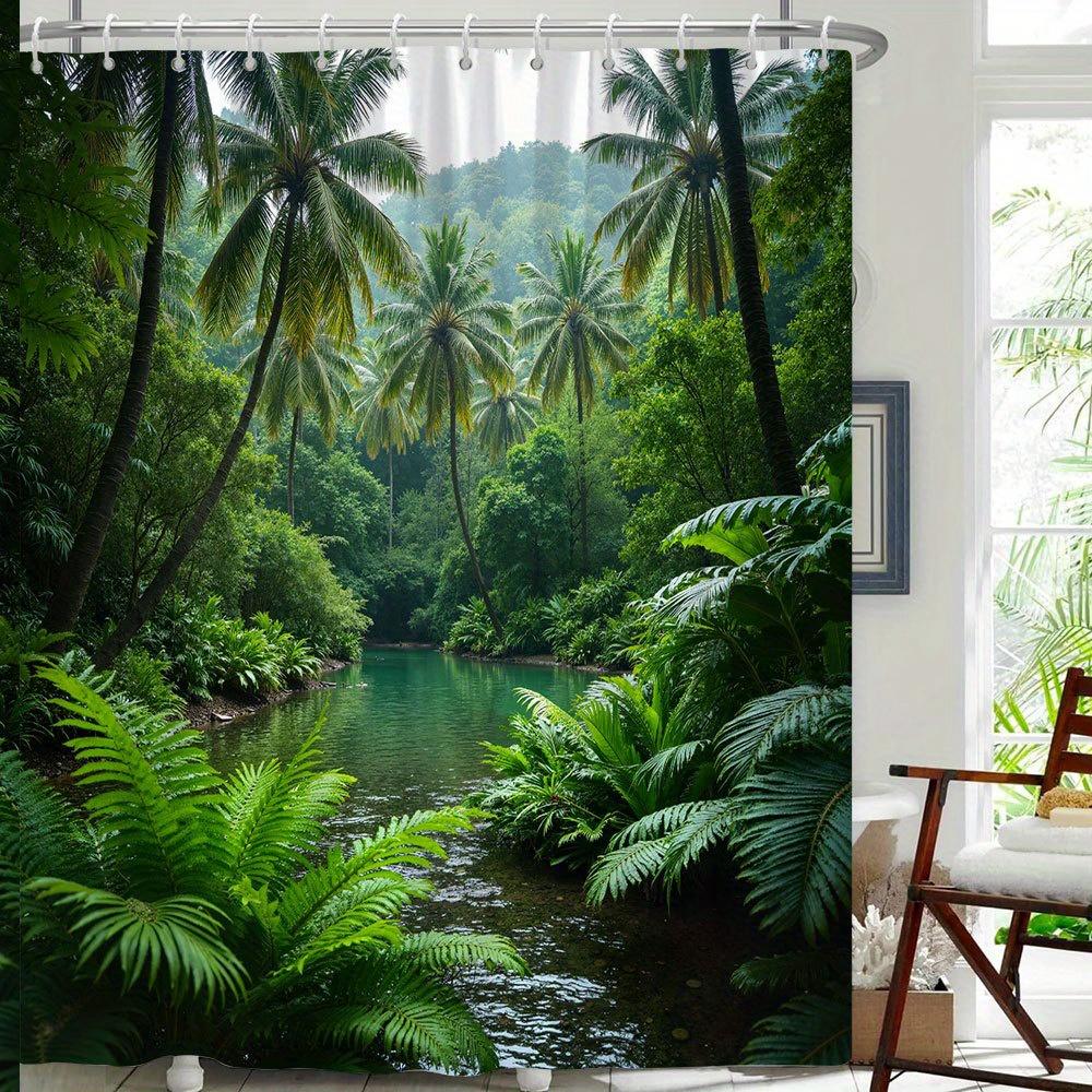 Tropical Paradise River Scene Waterproof Shower Curtain for Bathroom Decor, Bringing the Outdoors Inside with Lush Greenery