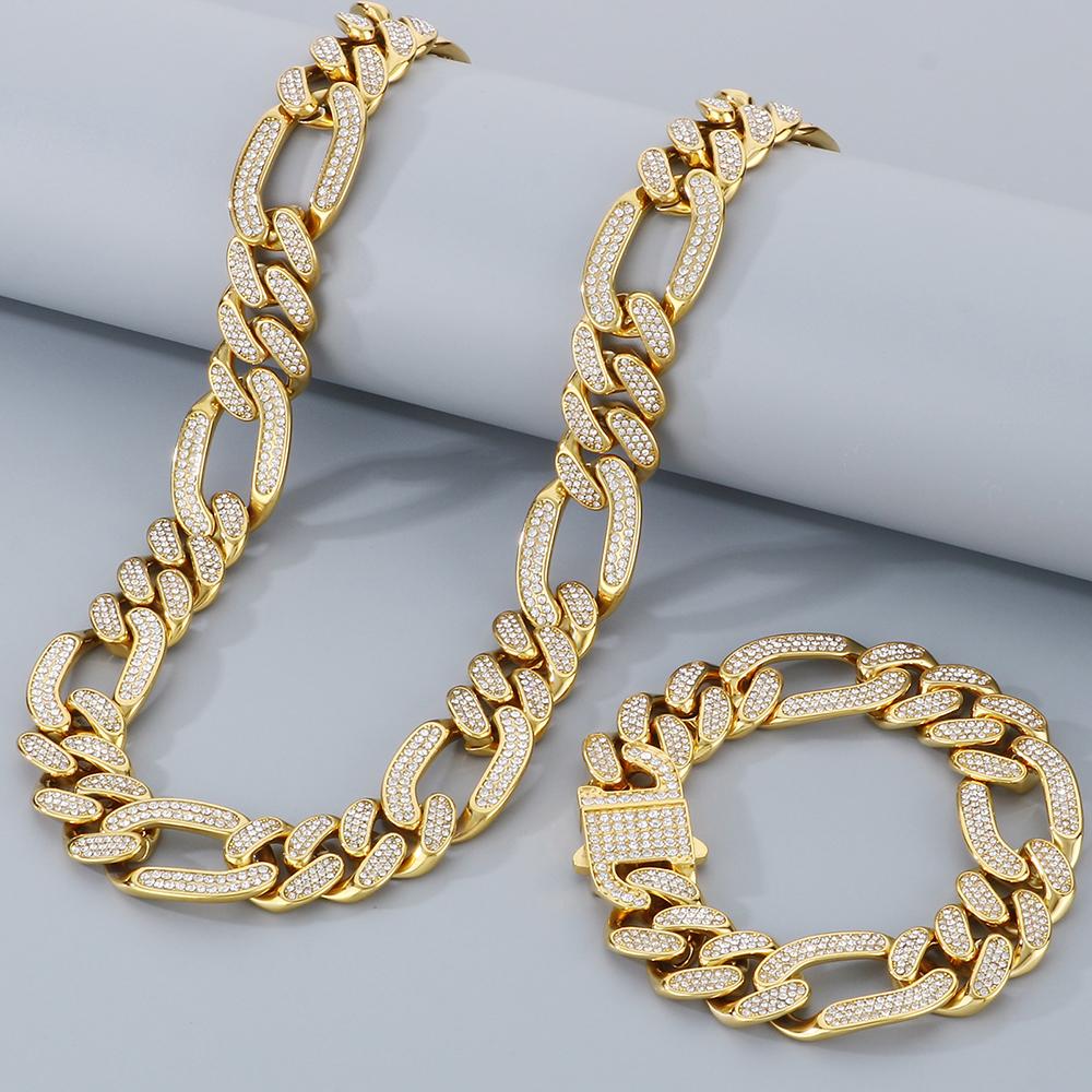 Hip-Hop Jewelry CZ Cuban Chain Man Bracelet Necklace Set Luxury Gold Color 60CM Long Stainless Steel Men's Necklace & Bracelets