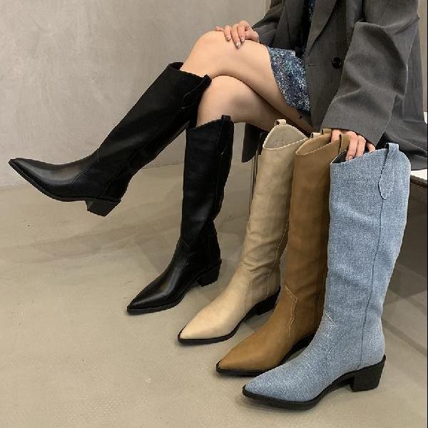 

Pointed Thick Heels French Long Barrel Knight Boots