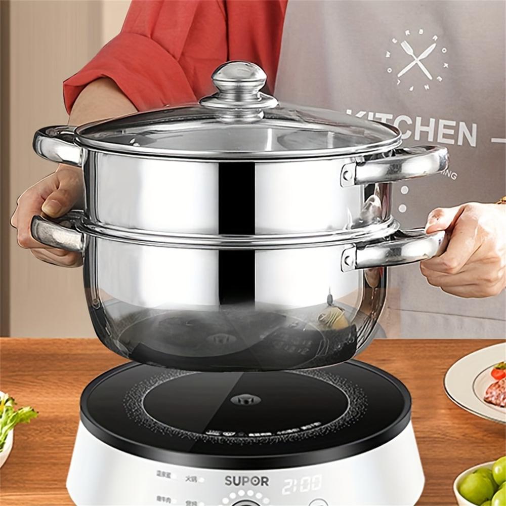 Heat resistant cooking utensil 9.45-inch large stainless steel steamer and soup pot 2-in-1, durable, suitable for induction cook