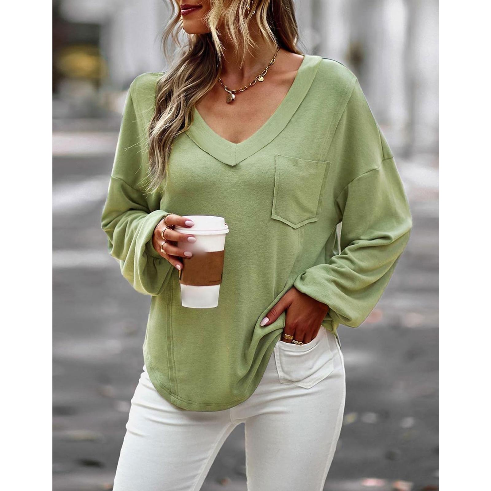 

Женская осенне-зимняя однотонная футболка с V-образным вырезом, свободного кроя, с длинным рукавом XL зелёный
