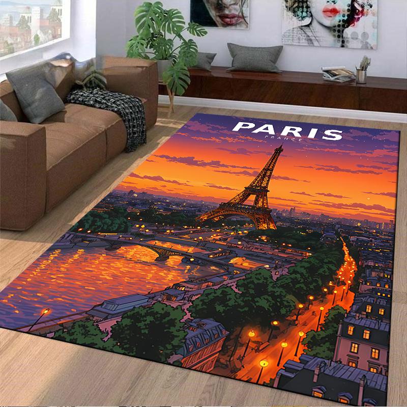 Paris France Travel Poster Eiffel Tower Sunset River Illustration Art Print decorative area rug accent for hallway entryway lounge