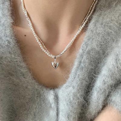 925 Silver Love Herat Necklace for Women Bead Pearl Double Layer Versatile Jewelry Party Gift