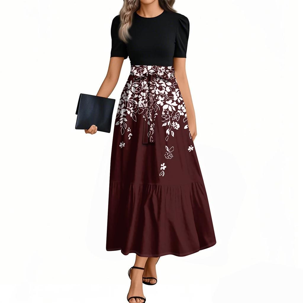 Women's Fashion Casual Belted Short Sleeve Round Neck Geometric Splicing Elegant Temperament Dresses