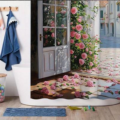 1 pièce Rideau de douche Rue Européenne - Roses Roses & Bâtiments Pittoresques, Éclairage Doux et Chaud, Polyester, 180x180 cm, 12 Crochets