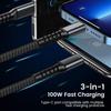 100W Fast Charging Cable with USB Type C, Micro USB, and Lightning Compatibility - 1.2M/2M Length, Transparent Chip, Night Light Feature