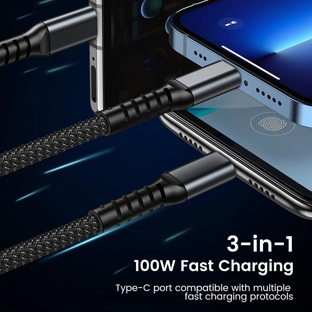 100W Fast Charging Cable with USB Type C, Micro USB, and Lightning Compatibility - 1.2M/2M Length, Transparent Chip, Night Light Feature