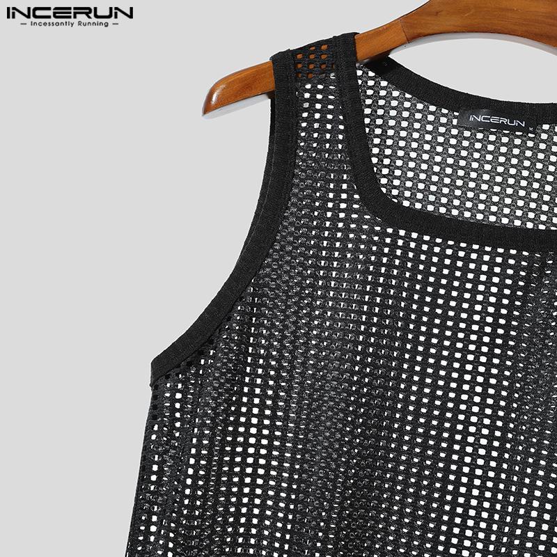 INCERUN Men Square Collar Sleeveless Hollow Out Casual Beach Tank Tops