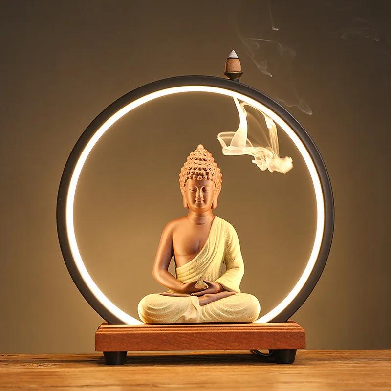 Backflow Incense Burner Indoor LED Light Ring Purple Sand Buddha Zen Ornament Living Room Decoration Tea Ceremony Accessories
