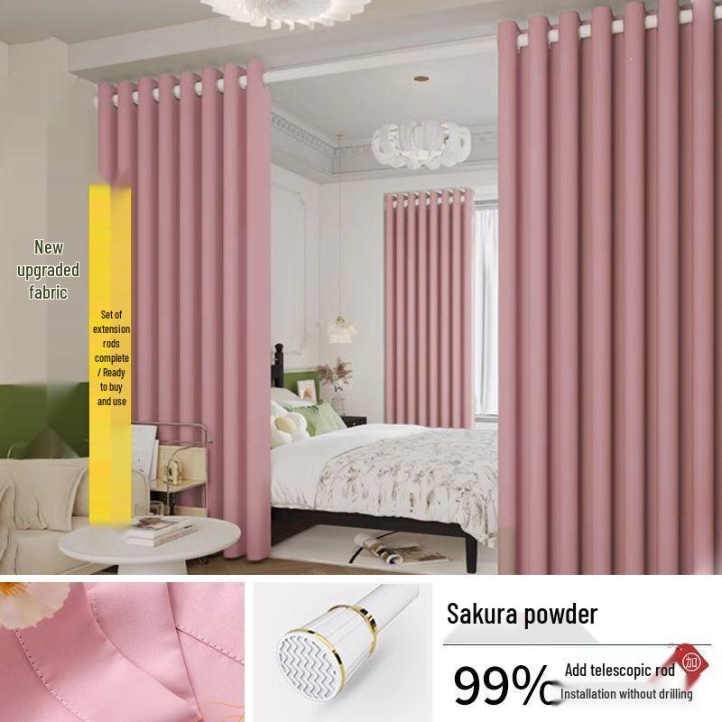 Telescopic No-Punch Curtain Set: Blackout, Heat Insulation, Sun Protection for Bedroom, Living Room, Balcony, Rental Partition