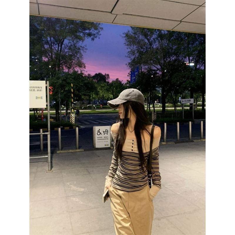 Temperament Contrast Striped Long-sleeved T-shirt for Women Spring New Slim Design One-shoulder Top