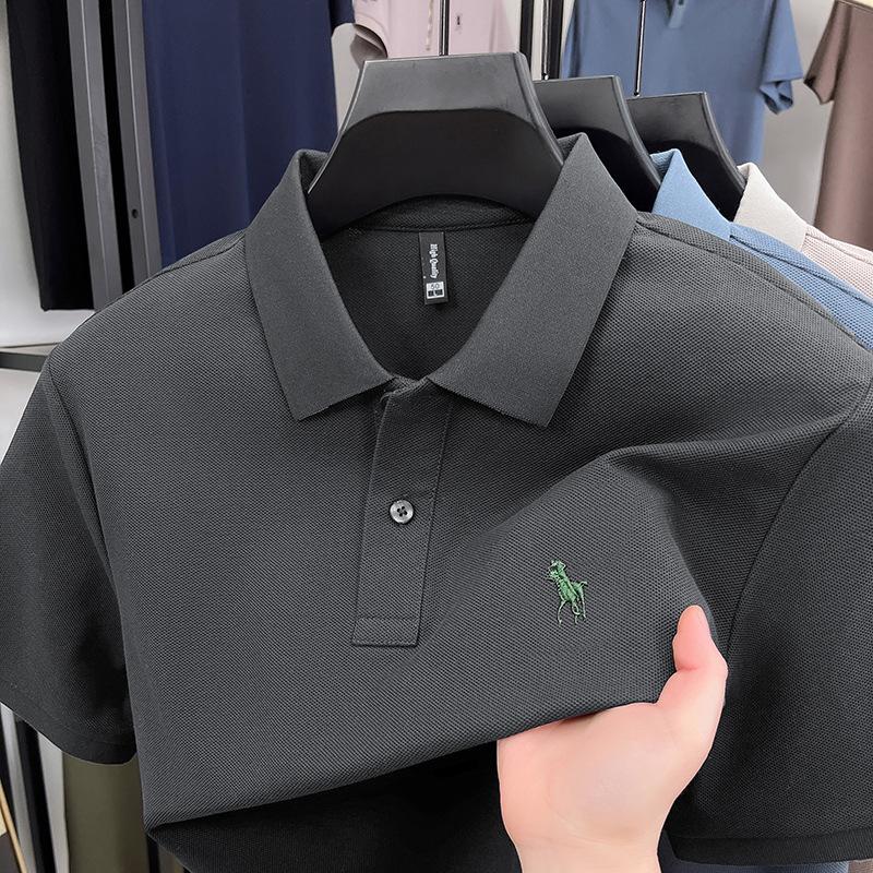 Pánské polo tričko s krátkým rukávem z perlové bavlny, luxusní, ležérní, s půl rukávem a vyšívaným logem poníka, klopou