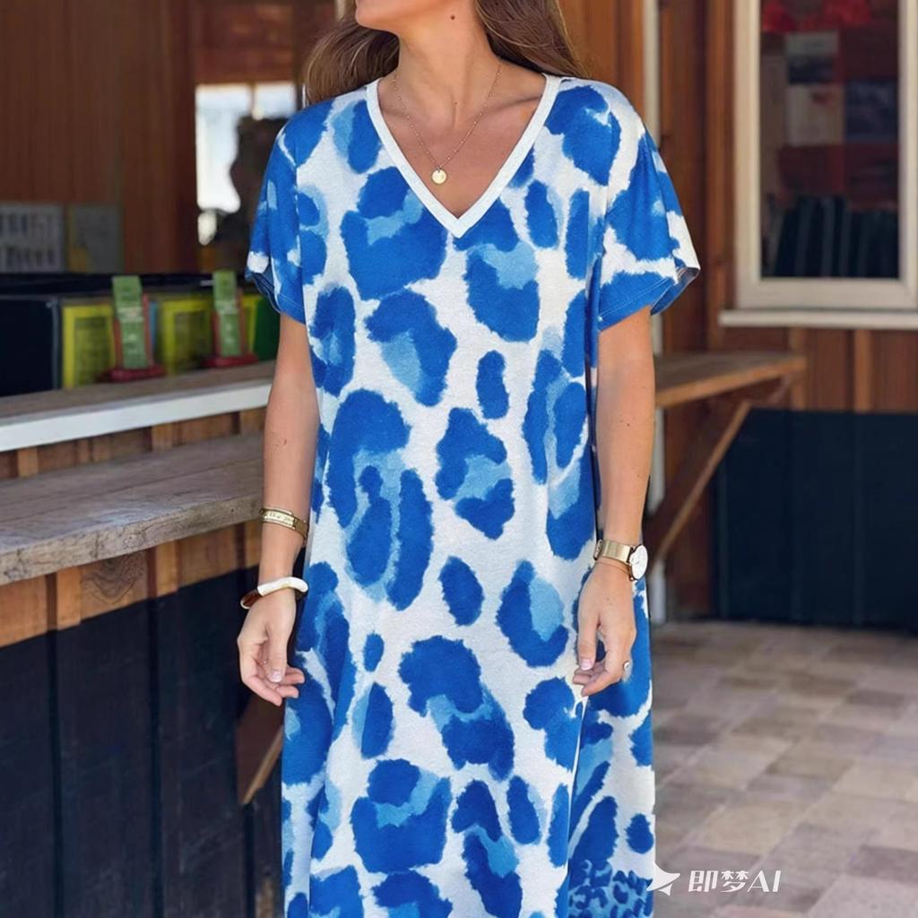 Dámské maxi šaty s véčkovým výstřihem a krátkým rukávem Volný střih Elastický pas Elegantní šaty s leopardím potiskem A-line pro jarní cestování na pláž
