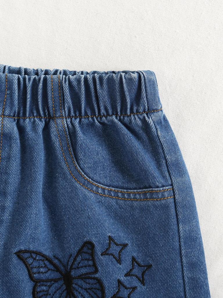 Single-piece set of girls' tassel star decoration cute butterfly embroidery trendy must-have ripped denim shorts new style