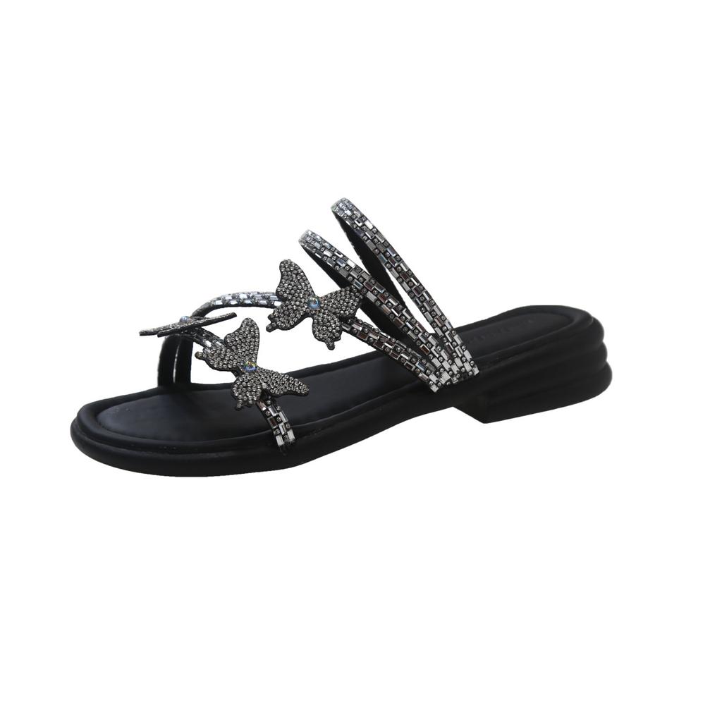Wunderschöne Damen-Sommer-Slipper mit flachem Boden, 2025 neu, Internet-Berühmtheit, Explosion, Schmetterling, Strass, mit Rock, zwei Tragevarianten, Sandalen