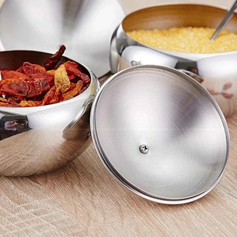 New Stainless Steel Seasoning Jar Sugar Grain Spice Bottle Spoon Drum Shaped Lid Kitchen Tools Storage Jar Home Furnishings
