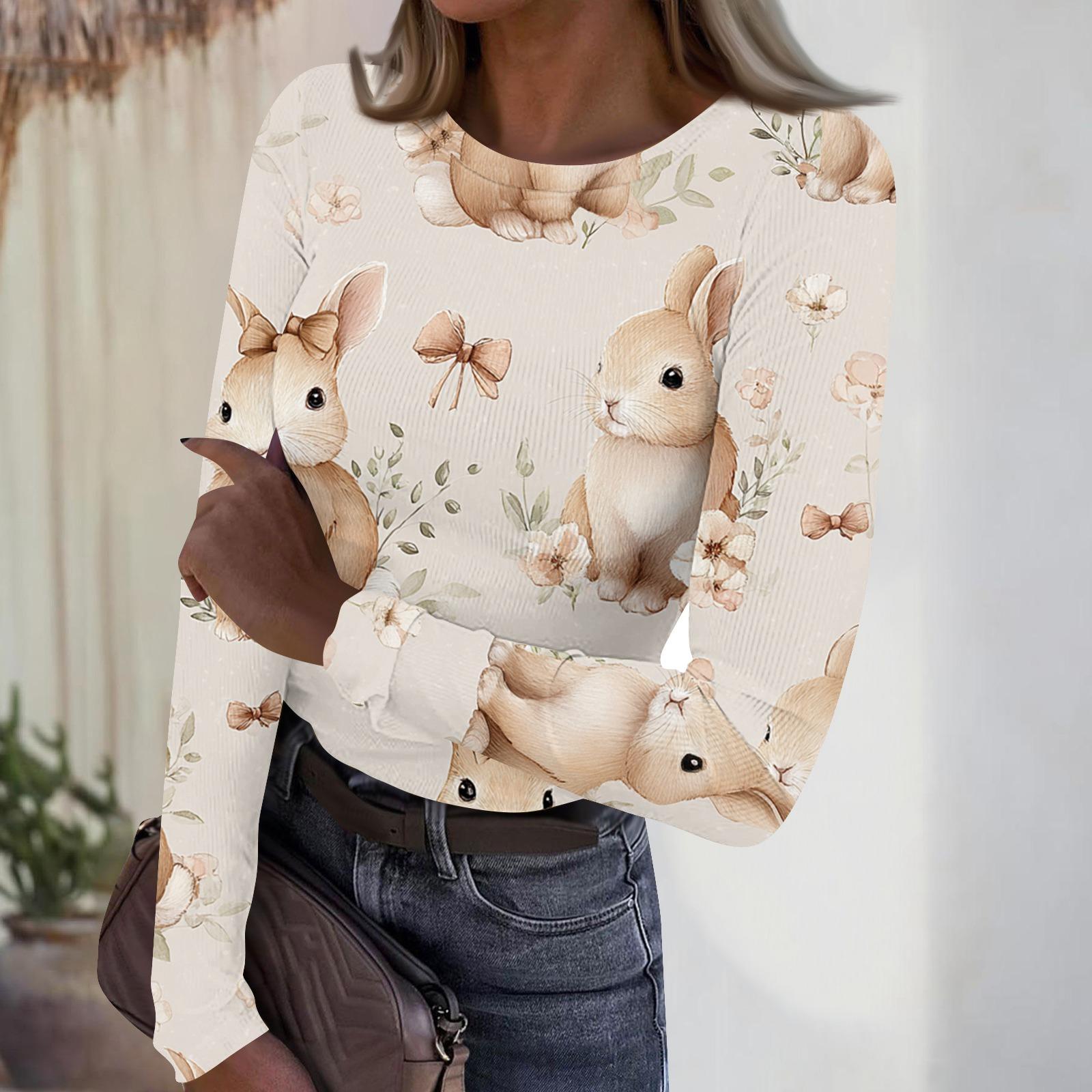 Женский повседневный модный полосатый топ с круглым вырезом и пасхальным принтом, с длинным рукавом S бежевый