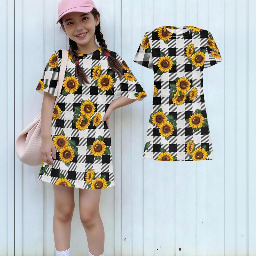Girls Print Casual Dress Kids Loose Round Neck Short Sleeve Thin Sundress