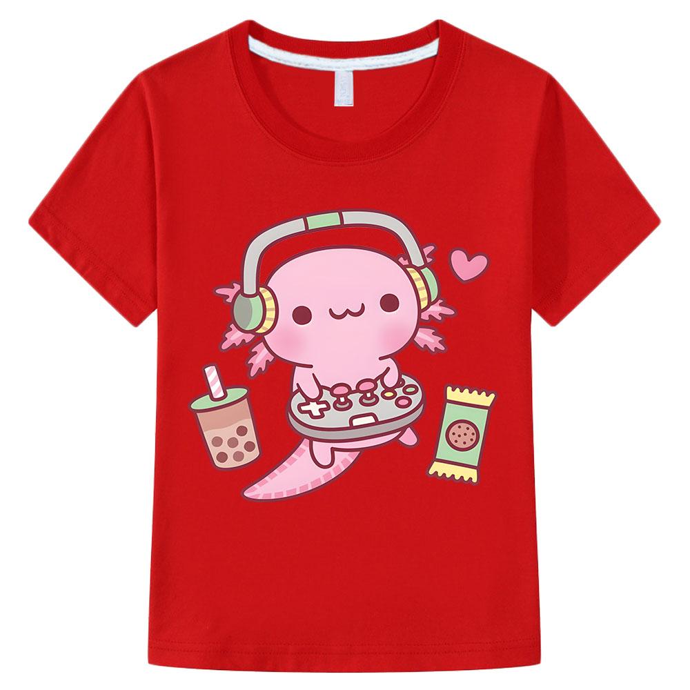 Summer Pink Axolotl Print Love T-Shirt Sports Short Sleeve Top Children's Holiday Gift Cute Style Top