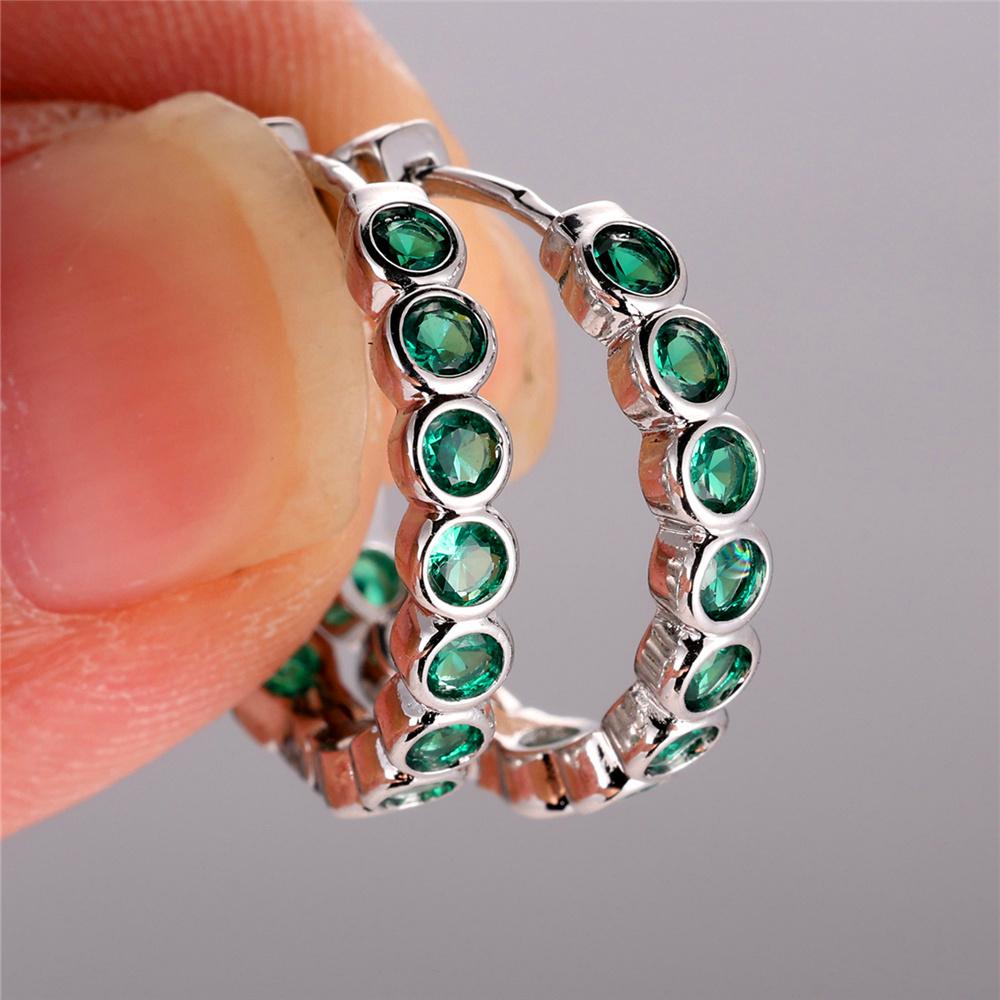 Kristall Grün Blau Schwarz Lila Runde Zirkonstein Creolen für Damen Weiblich Silberfarbe Hochzeits Schmuck