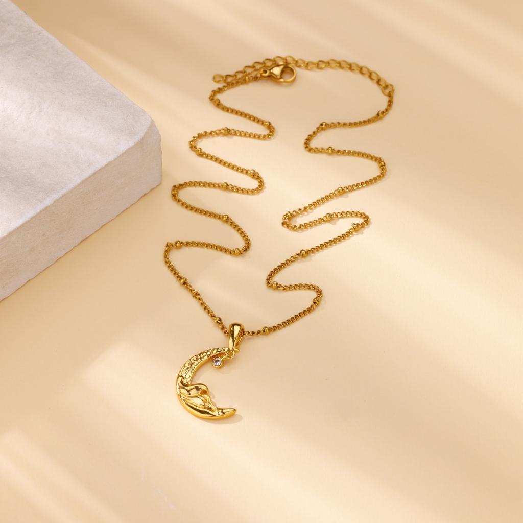 Gothic Stainless Steel Moon Pendant Necklace For Women Gold Color Zircon Choker Female Wedding Jewelry Collares Gifts
