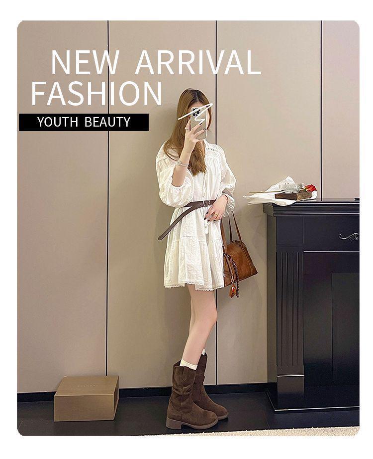 Women's Retro 8cm Height-Boost Mid-Calf Martin Boots - Slim Fit, Pleated Design, Versatile for Autumn/Winter