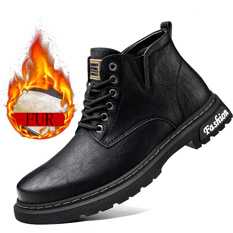 Fashion Winter Boots Genuine Leather Short Boots Plus Velvet High Top Outdoor Sneakers Ankle Boots Men Boots Thick Sole Casual Boots Fur