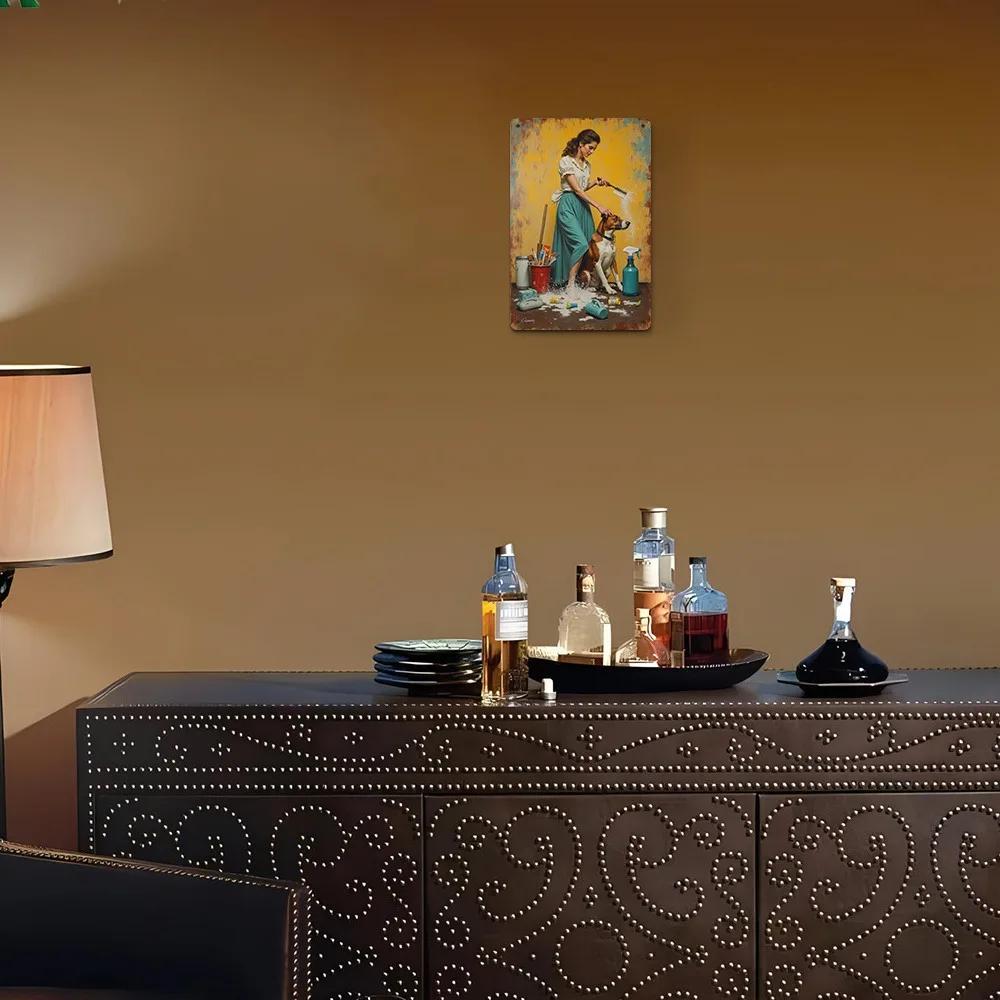 RetroBeautyDogMetalArt Retro Metal Wall Art 7.87x11.8" - "Beauty and Dog" Aluminum Panel, Woman Brushing Dog Decor for Home/Cafe