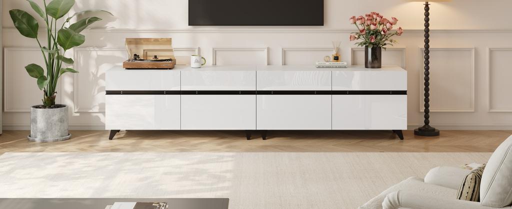 180*40*49cm High-Gloss TV Cabinet with 4 Cabinets and Adjustable Dividers, Cabinet with 8 Table Legs, Load Capacity 52kg, Suitable for 80-Inch TVs