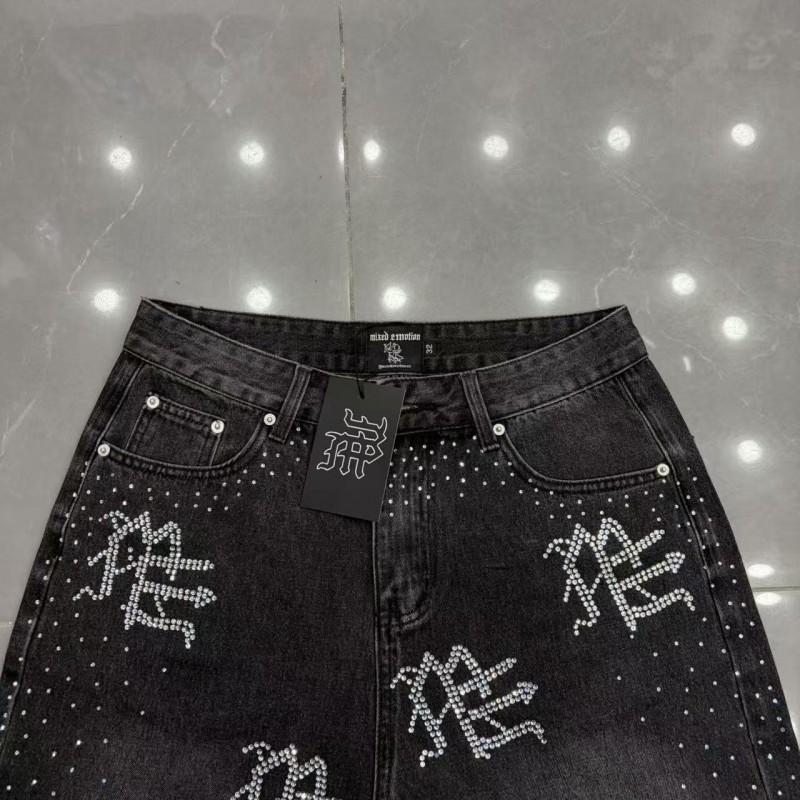 American Style MIXED EMOTION Vintage Rhinestone Hip Hop Denim Shorts Unisex Casual