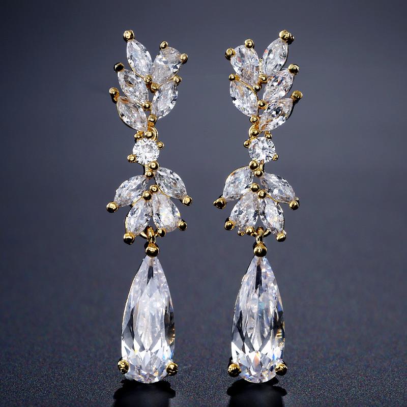 ZAKOL White Zircon Leaf Dangle Earrings for Women Shinny Water Drop Crystal Flower Pendant Earring Bridal Wedding Zircon