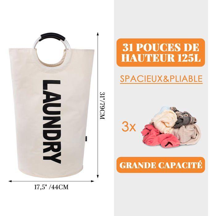 Panier à linge pliable 125L 44×44×80 cm - tissu Oxford 600D imperméable, poignées rembourrées (Beige)
