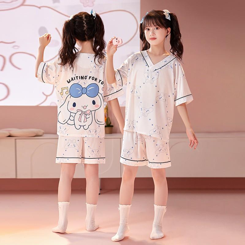 Girls Pajama Set Ice Silk Short Sleeve Shorts Sleepwear Cartoon Print Lightweight Home Outfit Ages 8