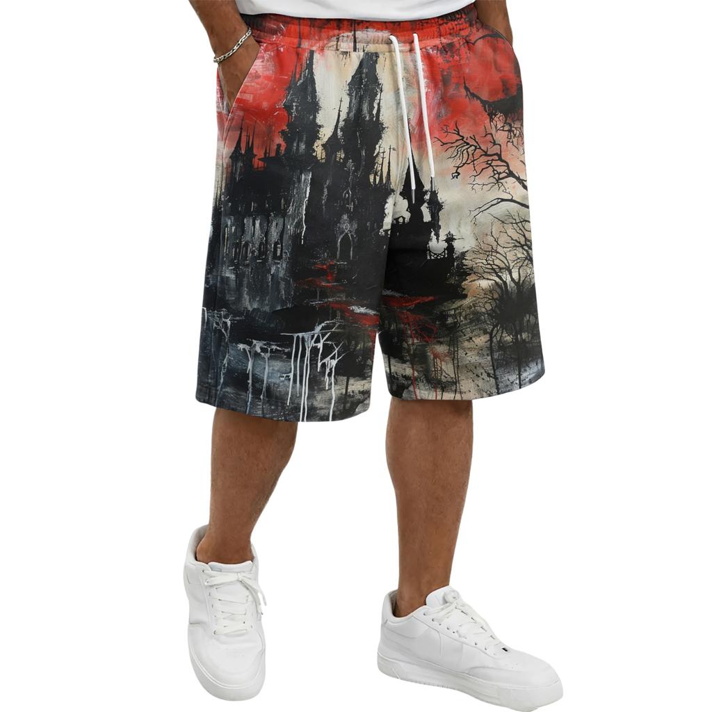 Men's Casual Drawstring Shorts Halloween Pattern Loose Fit Knee Length Lightweight Breathable Summer Beachwear