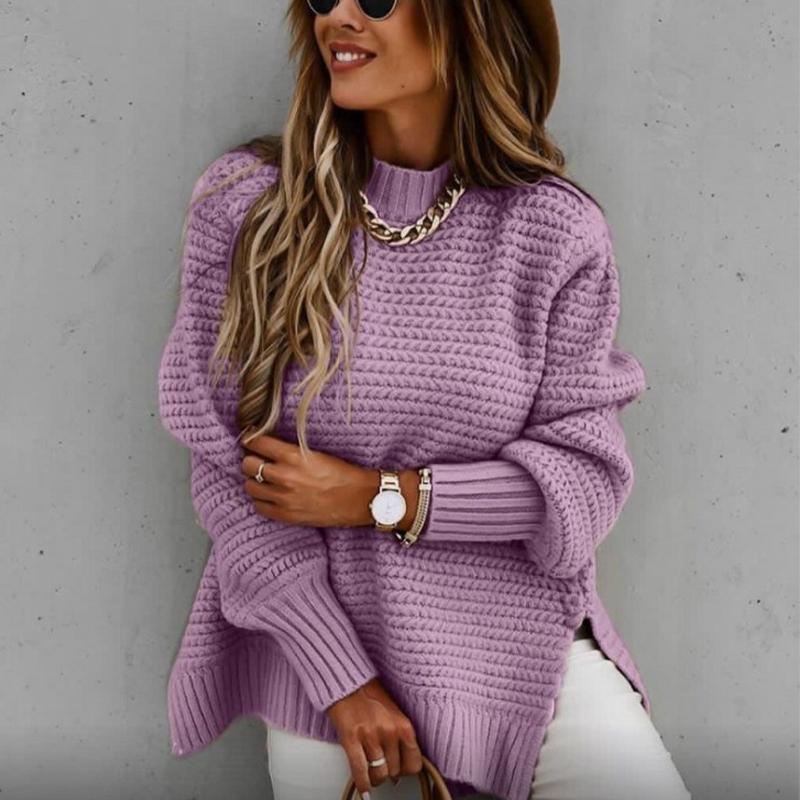 Damen Rollkragen Grobstrickpullover mit Seitenschlitz Oversized Langarm Herbst Winter Kuschelig