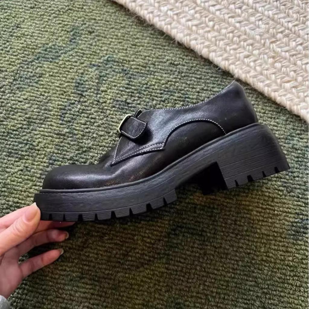 Cowhide version~ genuine leather thick-soled thick-heeled small leather shoes for women's spring and autumn new belt buckle loafers British versati
