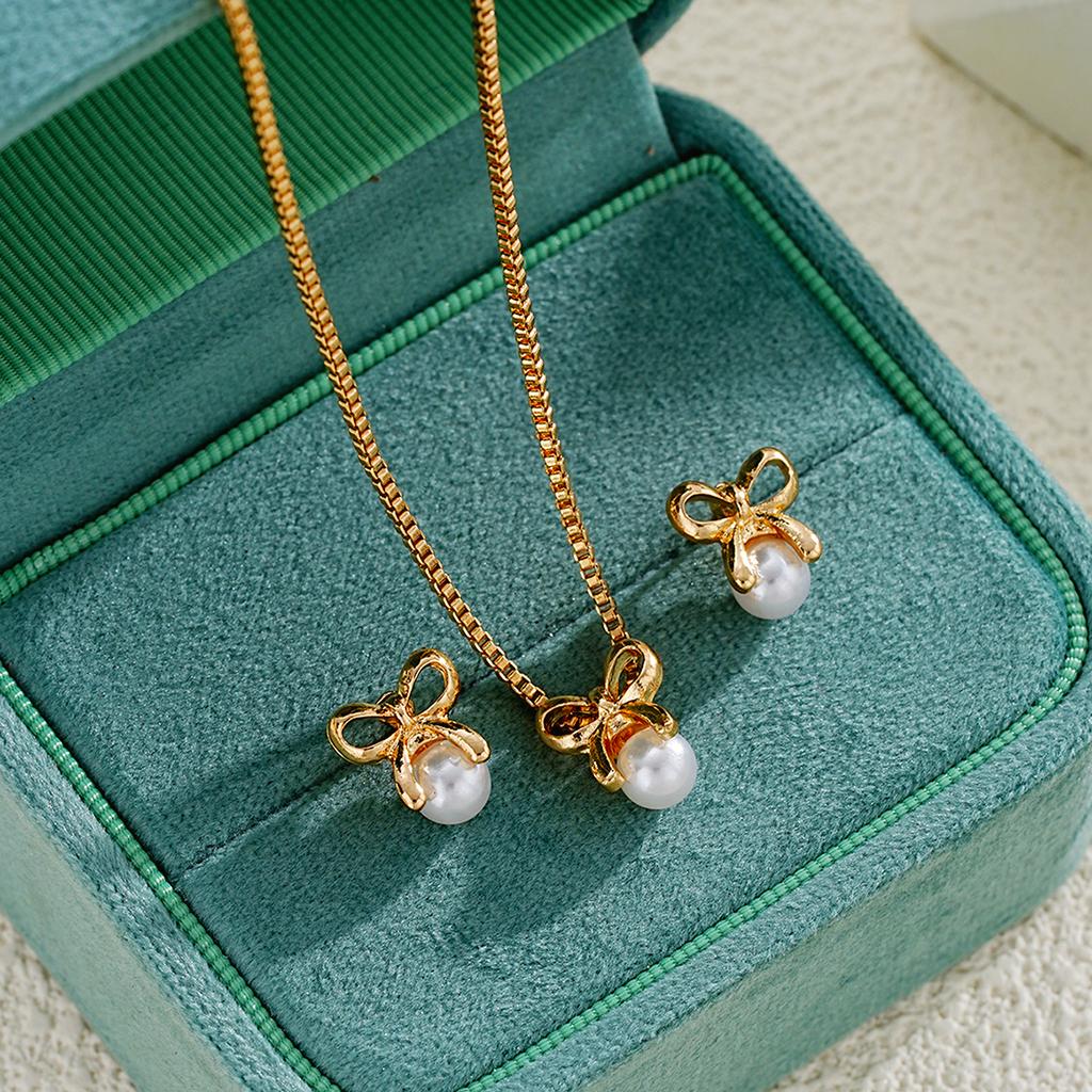 3Pcs/Set Imitation Pearl Bowknot Necklaces Earrings For Women Fashion Exquisite Gold Color Necklaces Earrings Sets Wedding Gifts