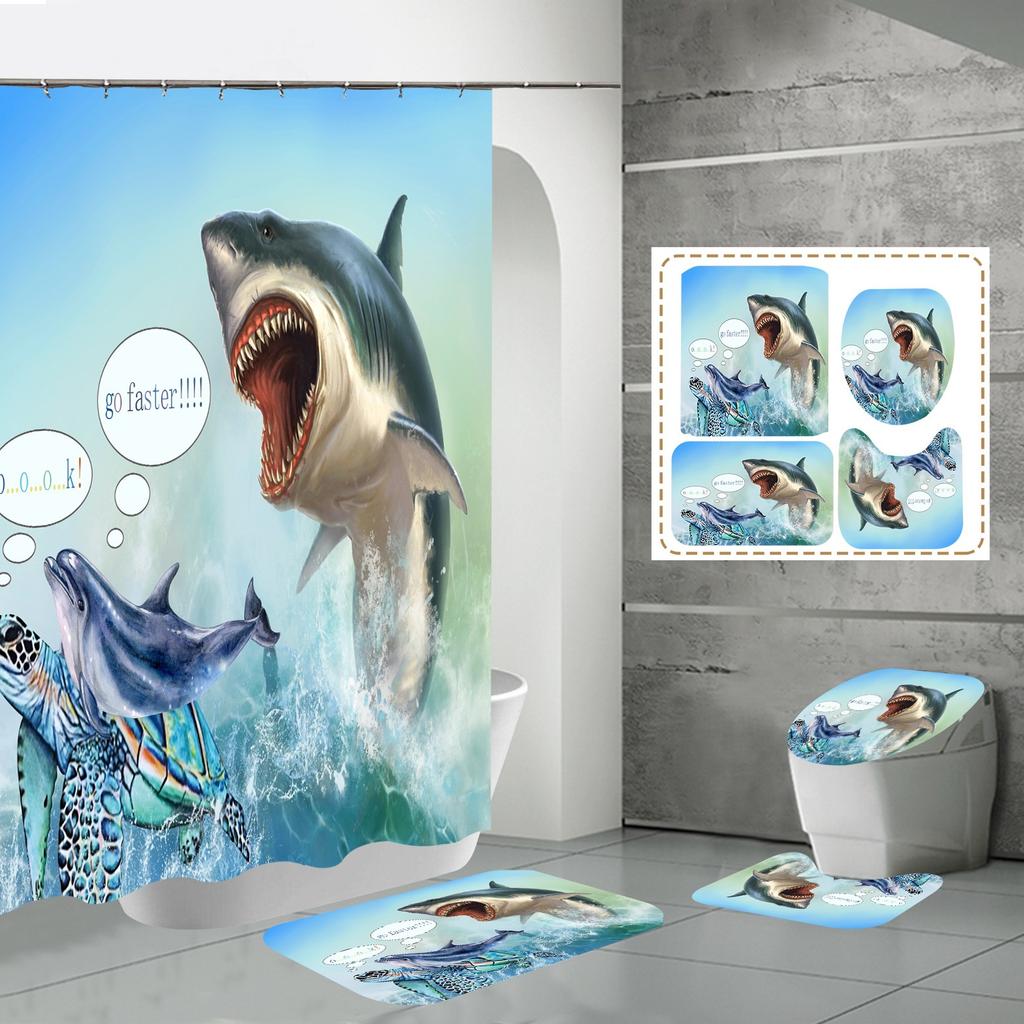 Shower Curtain Four-Piece 3D Digital Printing Shower Curtain Underwater Animal Bathroom Partition Shower Curtain