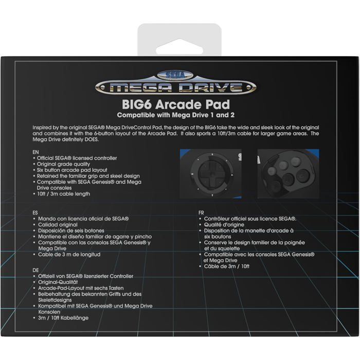 Retro-bit - Manette Filaire Noire BIG6 Sega Mega Drive & Genesis - Port D'origine